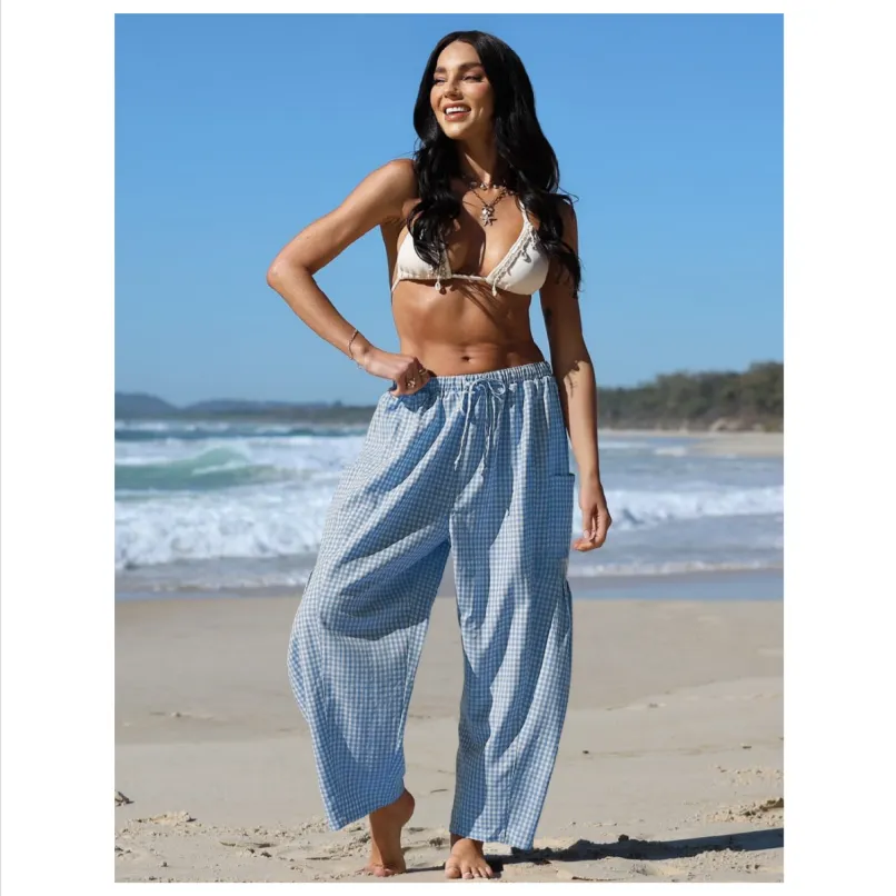 Womens Wide Leg Gingham Striped Plaid Pants