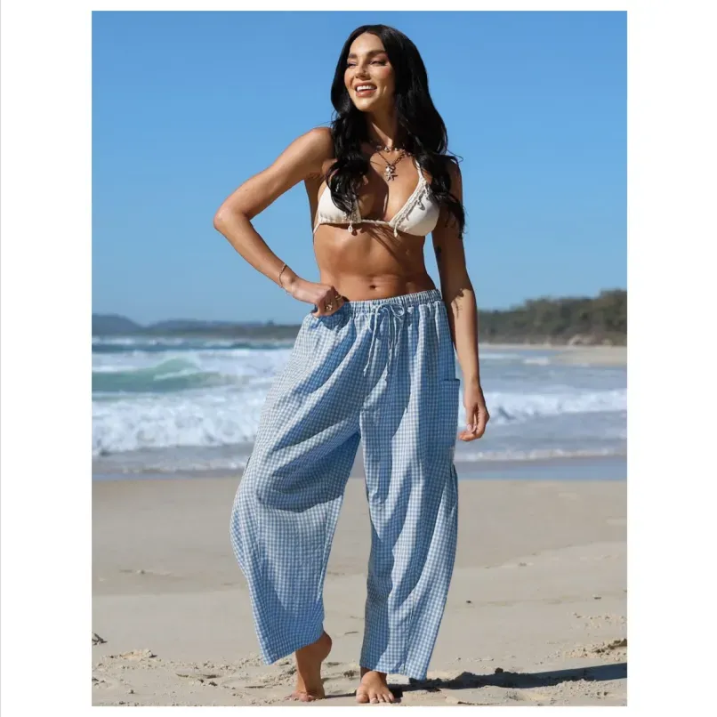 Womens Wide Leg Gingham Striped Plaid Pants