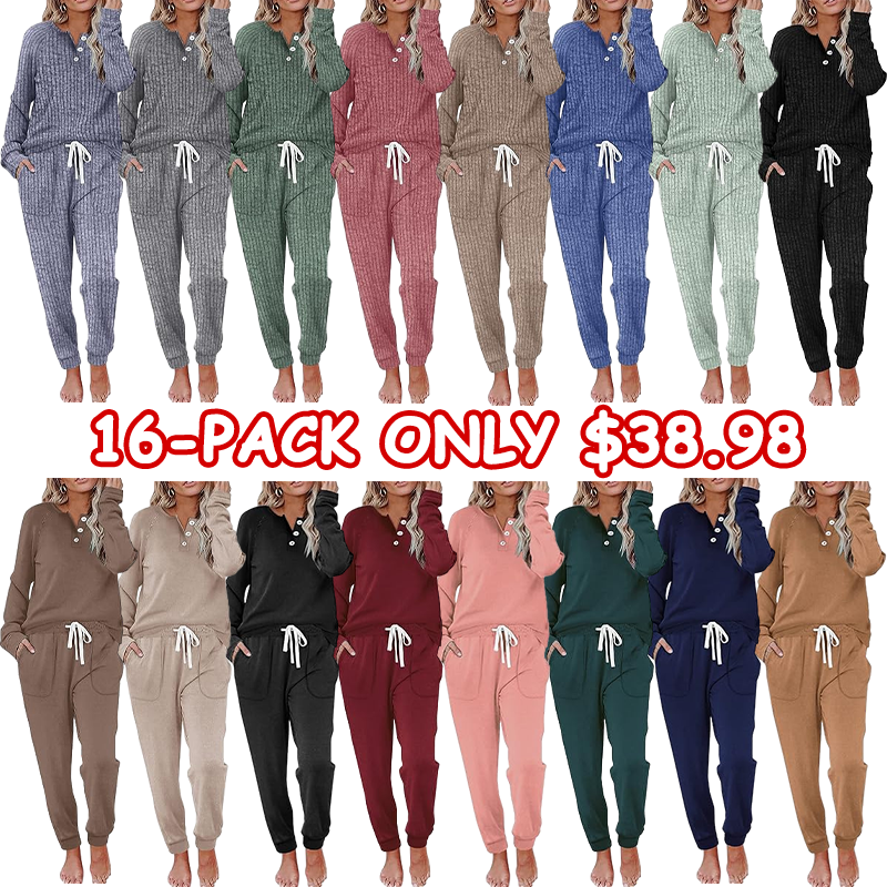 Women's 2-Piece Casual Set — Button-Front Sweatshirt & Sweatpants (With Pockets)