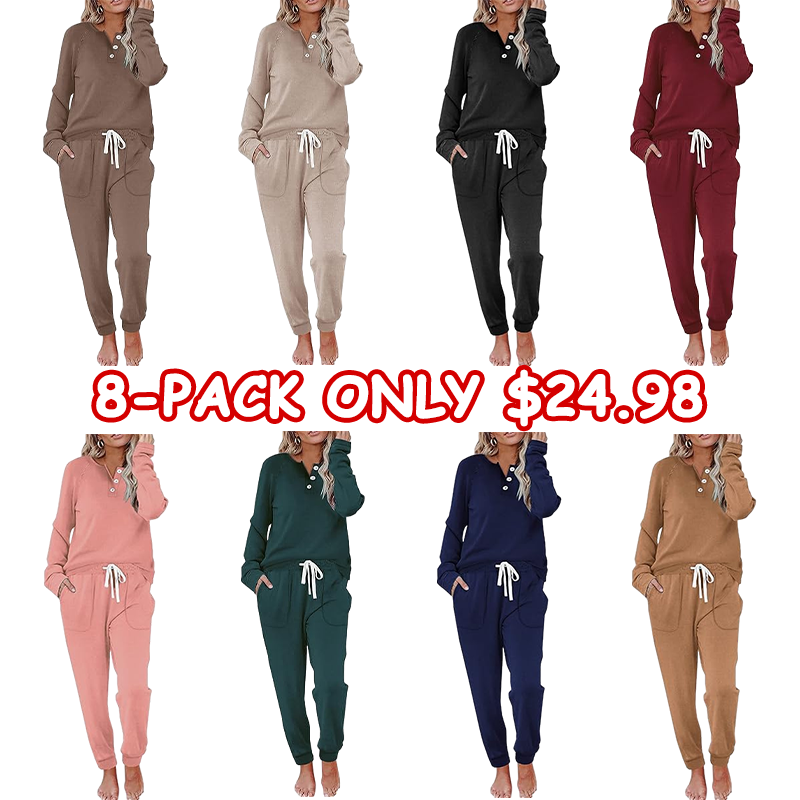Women's 2-Piece Casual Set — Button-Front Sweatshirt & Sweatpants (With Pockets)