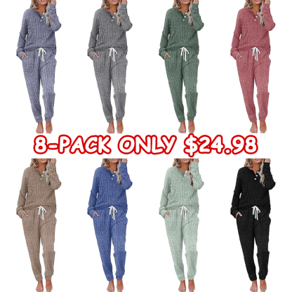 Women's 2-Piece Casual Set — Button-Front Sweatshirt & Sweatpants (With Pockets)