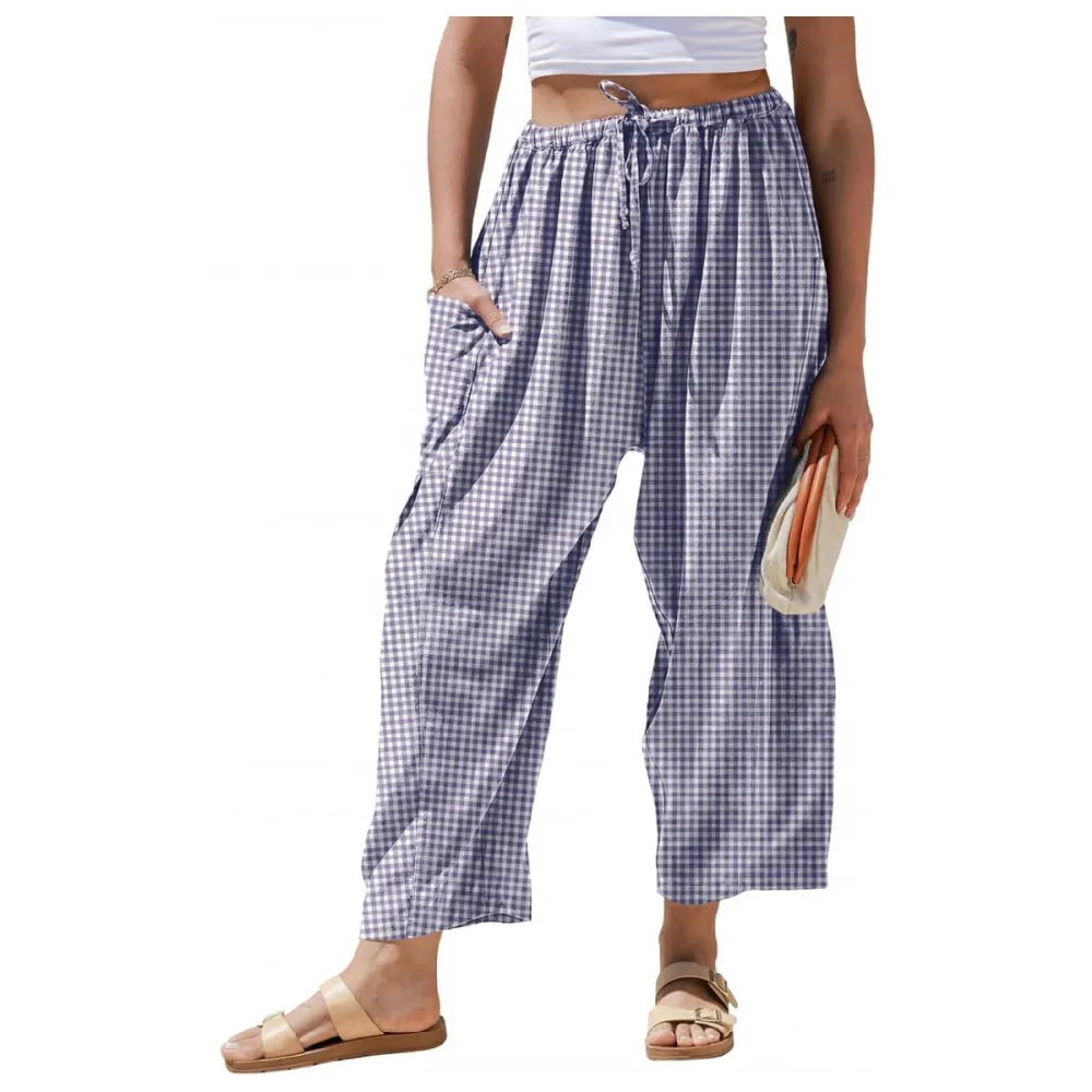 Womens Wide Leg Gingham Striped Plaid Pants