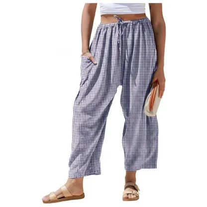 Womens Wide Leg Gingham Striped Plaid Pants