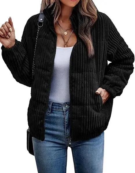 Women's Bomber Jacket Corduroy Ribbed Quilted Zip Up Long Sleeve Winter Coat Fall Outerwear Tops with Pockets ,PACKAGE SET
