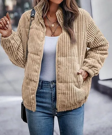 Women's Bomber Jacket Corduroy Ribbed Quilted Zip Up Long Sleeve Winter Coat Fall Outerwear Tops with Pockets ,PACKAGE SET