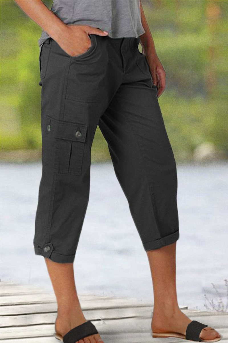 Roll Tab Hem Multi Pocket Capri Mid Waist Cargo Pants