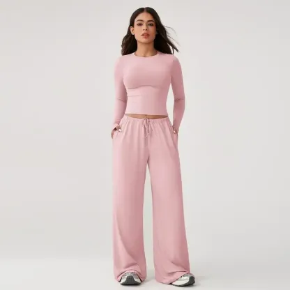 Women's long-sleeved top and wide-leg pants suit