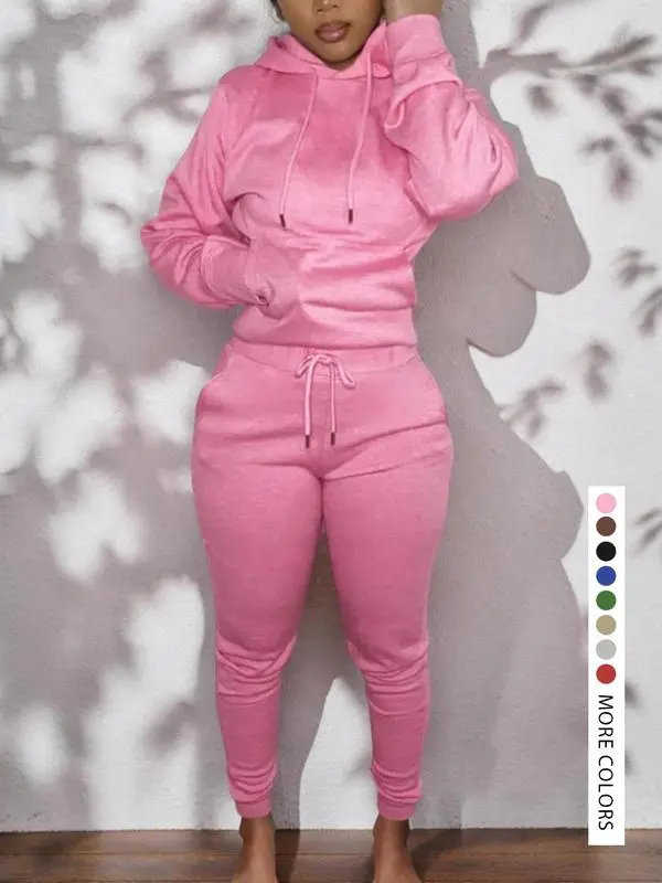 Casual Plain Drawstring Sweatshirt Outfit Set, Fitted Regular Length, Moderate Fabric, Fall & Winter Wear, Women's Clothing