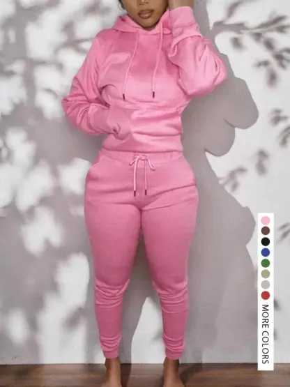 Casual Plain Drawstring Sweatshirt Outfit Set, Fitted Regular Length, Moderate Fabric, Fall & Winter Wear, Women's Clothing