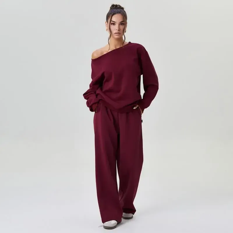 Sloping Shoulder Top & Wide Leg Pants Set