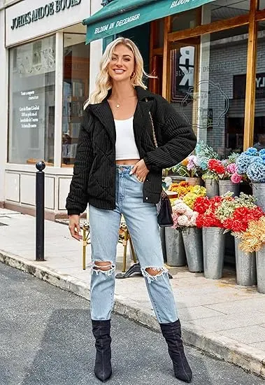 Women's Bomber Jacket Corduroy Ribbed Quilted Zip Up Long Sleeve Winter Coat Fall Outerwear Tops with Pockets ,PACKAGE SET