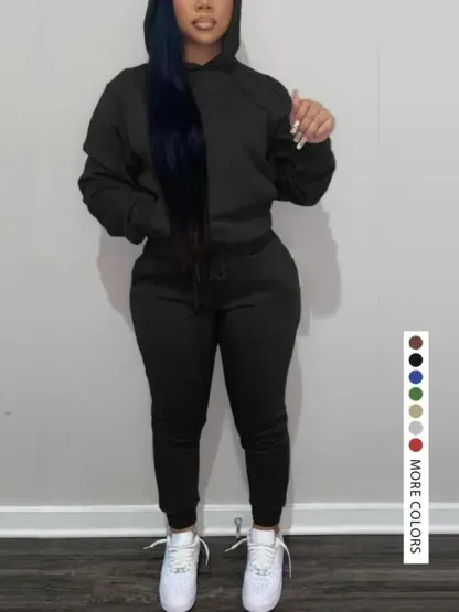 Casual Plain Drawstring Sweatshirt Outfit Set, Fitted Regular Length, Moderate Fabric, Fall & Winter Wear, Women's Clothing