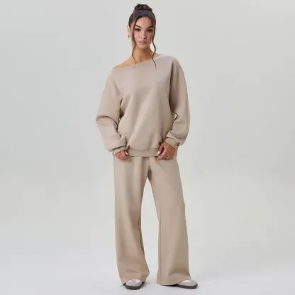 Sloping Shoulder Top & Wide Leg Pants Set