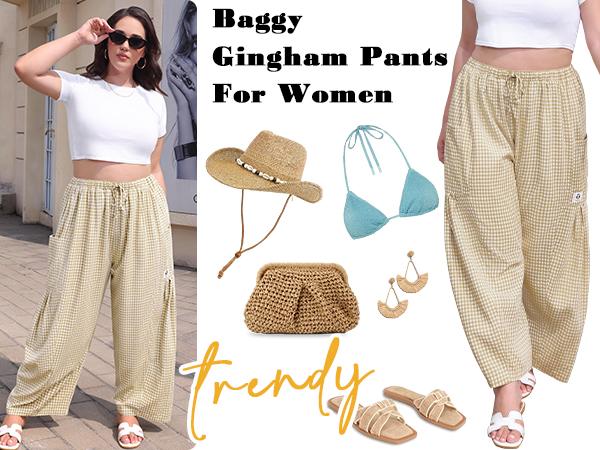 【SS26 Collection】TARSE Womens Wide Leg Gingham Striped Plaid Pants Casual Barrel Loose Drawstring Low Waist Palazzo Harem Pants with Pockets