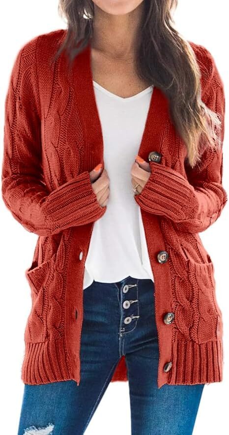 Women's Fall Casual Long Sleeve Button Down Open Front Cable Knit Cardigan