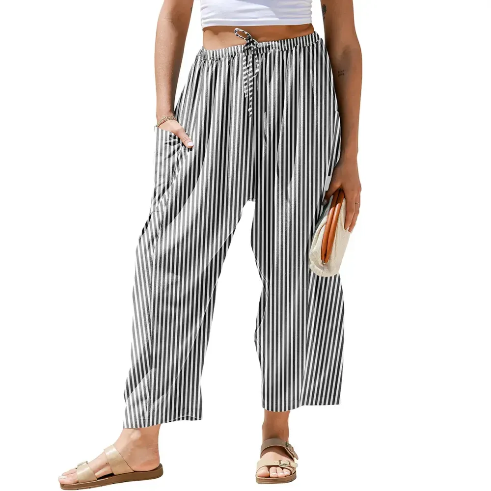 Womens Wide Leg Gingham Striped Plaid Pants
