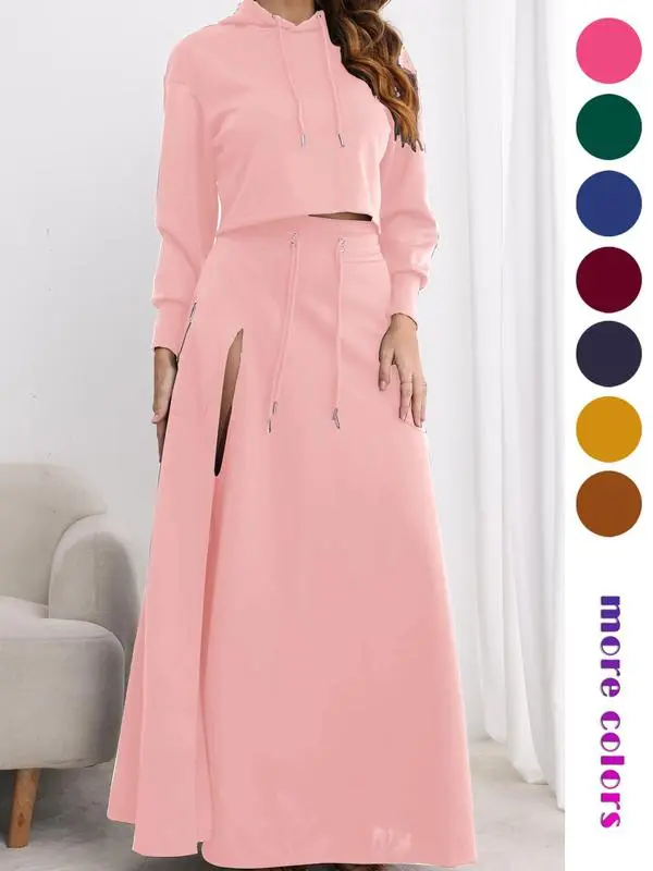 Women's Solid Drawstring Hoodie & Split Thigh Skirt Set, Long Sleeve Top & Pocket Long Skirt, Casual Fashion Cozy Co-ord Set, Women Clothes