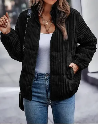 Women's Bomber Jacket Corduroy Ribbed Quilted Zip Up Long Sleeve Winter Coat Fall Outerwear Tops with Pockets ,PACKAGE SET