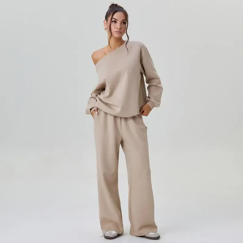 Sloping Shoulder Top & Wide Leg Pants Set