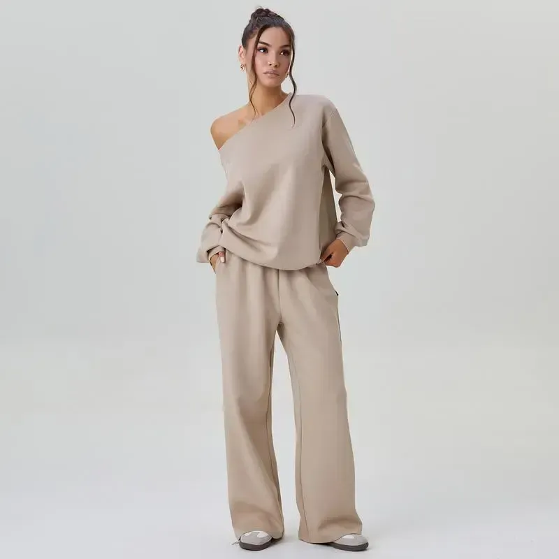 Sloping Shoulder Top & Wide Leg Pants Set
