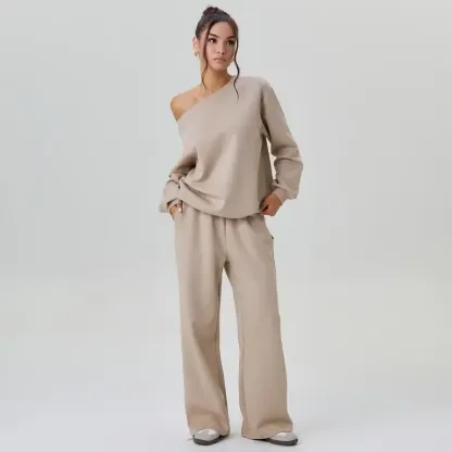 Sloping Shoulder Top & Wide Leg Pants Set