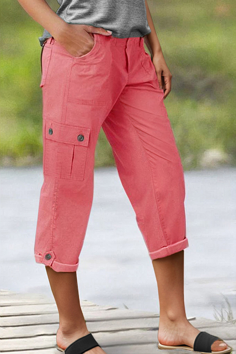 Roll Tab Hem Multi Pocket Capri Mid Waist Cargo Pants