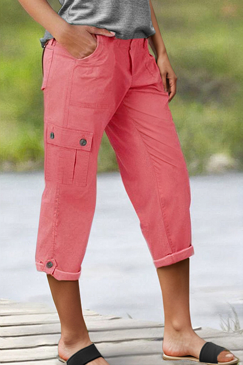 Roll Tab Hem Multi Pocket Capri Mid Waist Cargo Pants