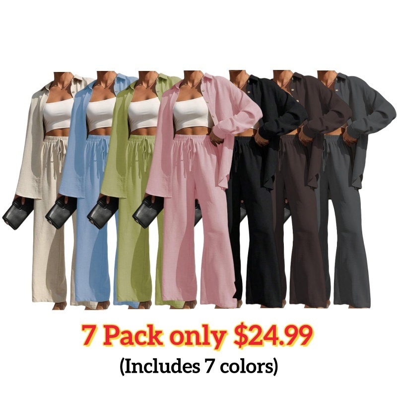 Women's Solid Button Front Shirt & Tie Front Wide Leg Pants Two-piece Set, Casual Loose Drop Shoulder Long Sleeve Top & Trousers for Spring & Fall