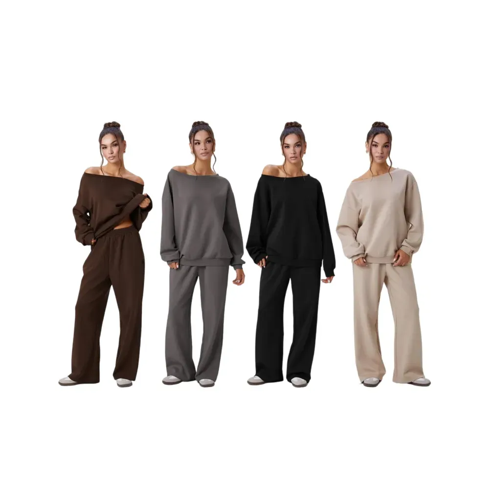 Sloping Shoulder Top & Wide Leg Pants Set