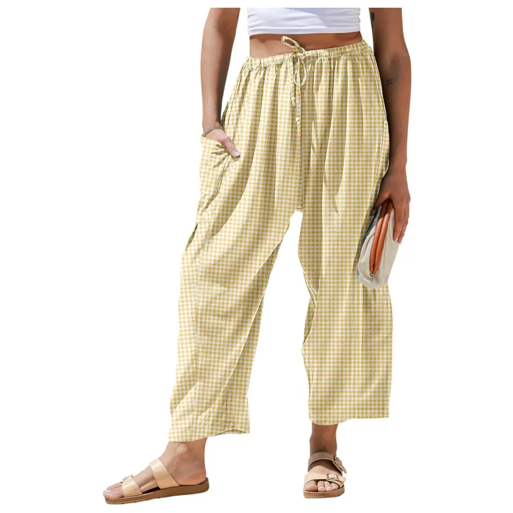 Womens Wide Leg Gingham Striped Plaid Pants