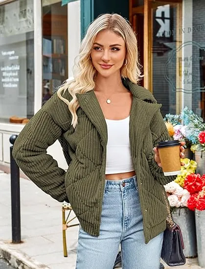 Women's Bomber Jacket Corduroy Ribbed Quilted Zip Up Long Sleeve Winter Coat Fall Outerwear Tops with Pockets ,PACKAGE SET