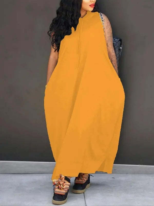 🔥Last day promotion⏰-Women's Plain Drawstring Hooded Tank Dress, Casual Pocket Sleeveless Maxi Dress for Summer, Fashion Women's Clothing for Daily Wear