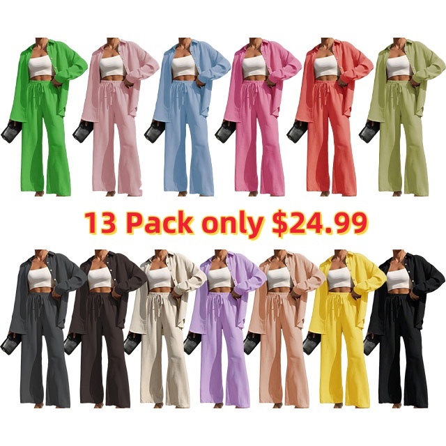 Women's Solid Button Front Shirt & Tie Front Wide Leg Pants Two-piece Set, Casual Loose Drop Shoulder Long Sleeve Top & Trousers for Spring & Fall