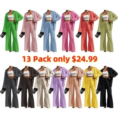 Women's Solid Button Front Shirt & Tie Front Wide Leg Pants Two-piece Set, Casual Loose Drop Shoulder Long Sleeve Top & Trousers for Spring & Fall