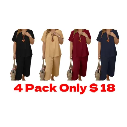 Women's Solid Short Sleeve Top & Loose Wide Leg Pants 2-Piece Set