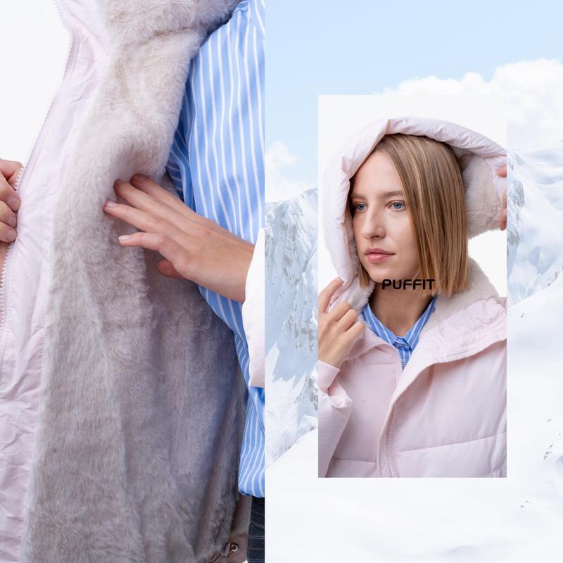 PUFFIT WarmCore Premium Short Puffer Jackets with Removable Hood & Optional Faux Fur Linging, Lady Casual Outerwear Longsleeves Zip Pockets Warm Quilted Coat