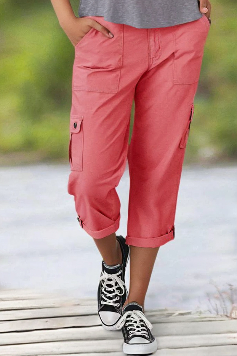 Roll Tab Hem Multi Pocket Capri Mid Waist Cargo Pants