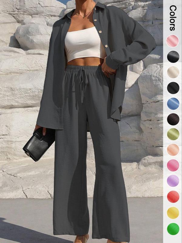 Women's Solid Button Front Shirt & Tie Front Wide Leg Pants Two-piece Set, Casual Loose Drop Shoulder Long Sleeve Top & Trousers for Spring & Fall
