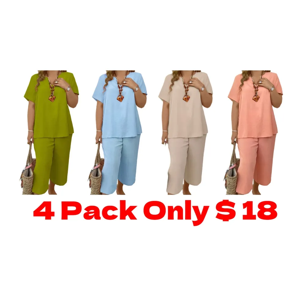 Women's Solid Short Sleeve Top & Loose Wide Leg Pants 2-Piece Set