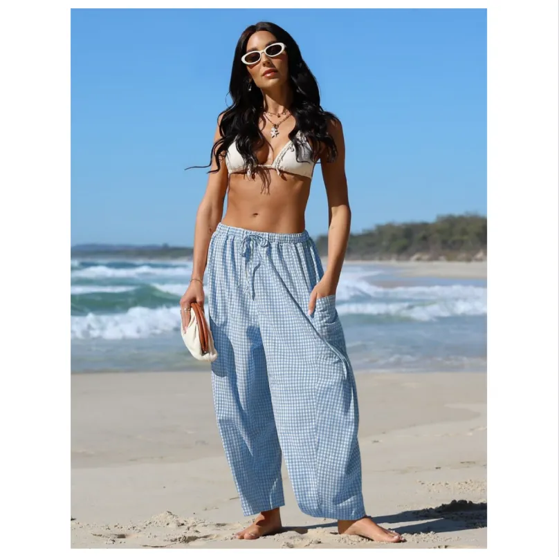 Womens Wide Leg Gingham Striped Plaid Pants