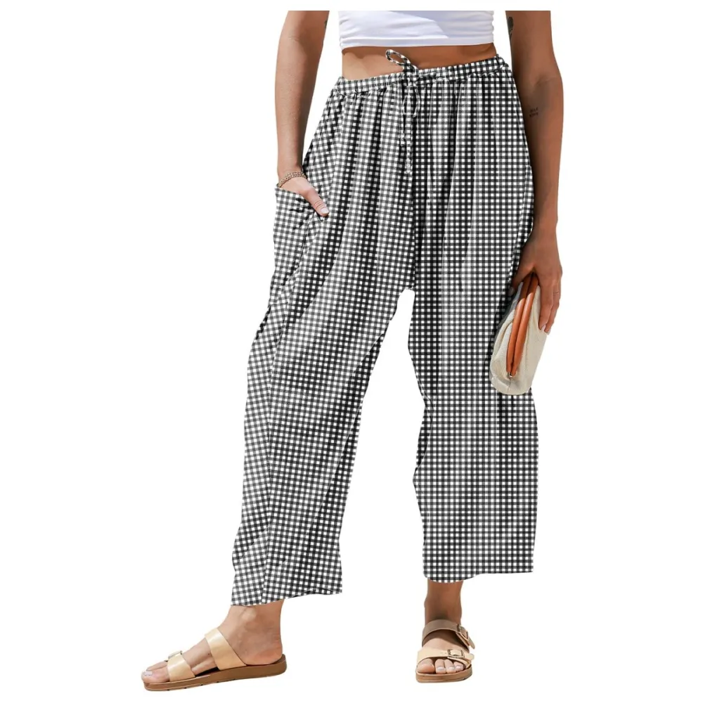 Womens Wide Leg Gingham Striped Plaid Pants