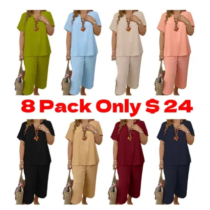 Women's Solid Short Sleeve Top & Loose Wide Leg Pants 2-Piece Set