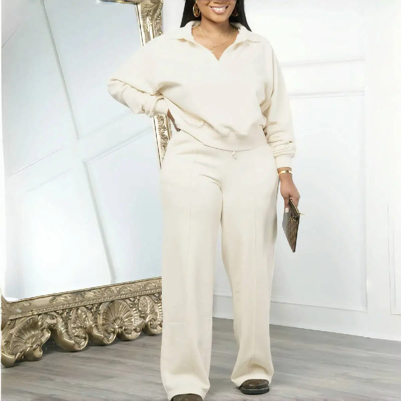 Women's Solid Long Sleeve Sweatshirt & Drawstring Waist Pants Set