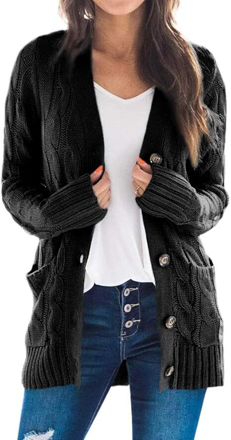 Women's Fall Casual Long Sleeve Button Down Open Front Cable Knit Cardigan