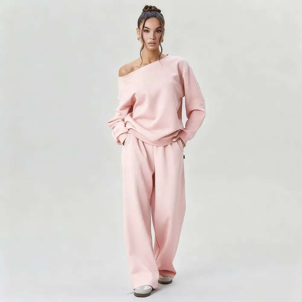 Sloping Shoulder Top & Wide Leg Pants Set