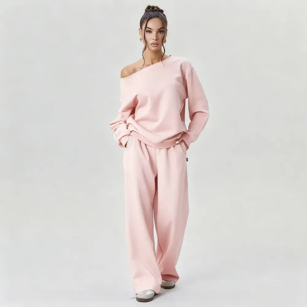 Sloping Shoulder Top & Wide Leg Pants Set