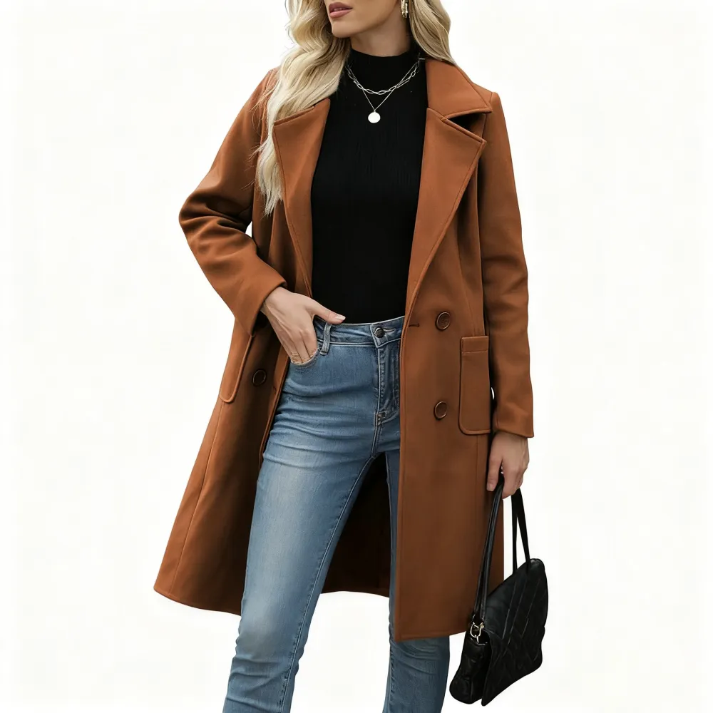 Women's Winter Wool Blend Camel Mid-Long Coat