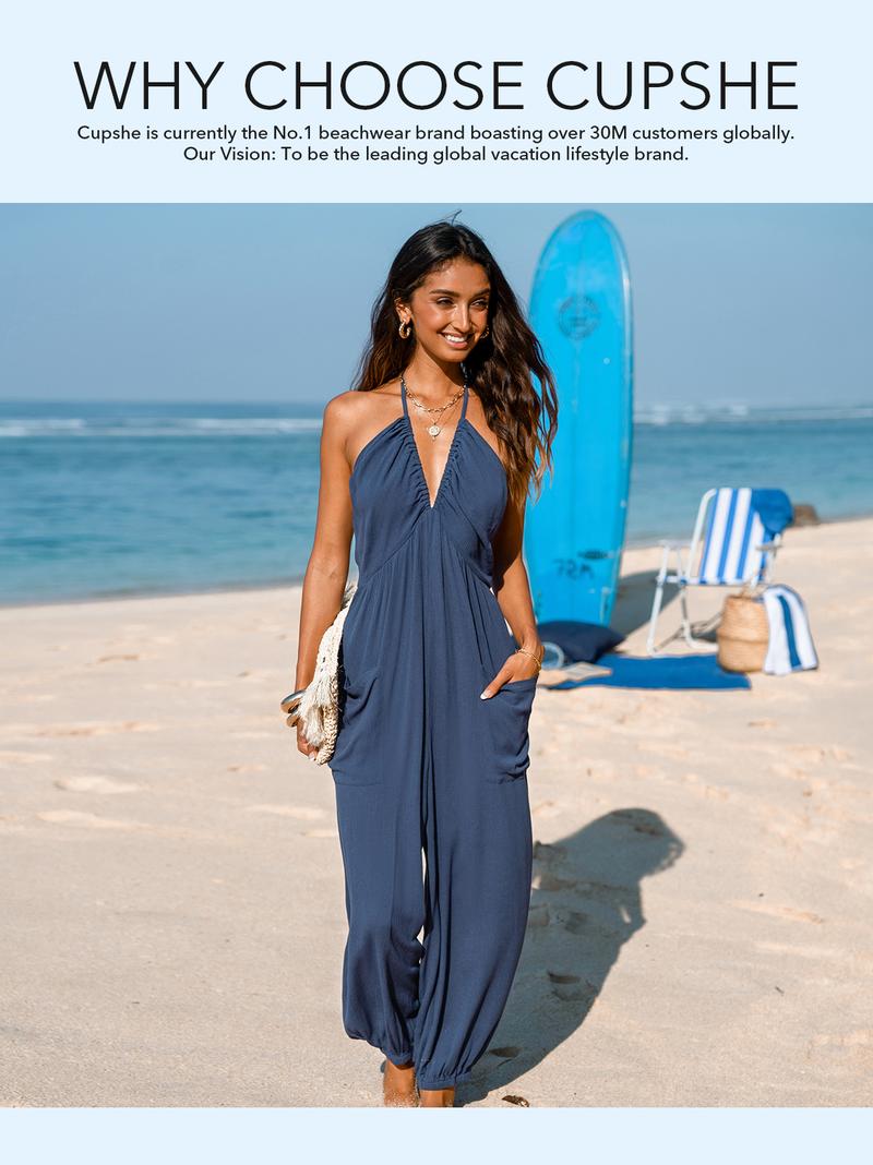 CUPSHE 【Valentine's Day】 Plunge Halter Wide Leg Jumpsuit with Pockets - Adjustable Strap Flowy Tropical Print Overall | 2026 Effortless Beach to Street Resortwear CUPSHE 【Valentine's Day】 Plunge Halter Wide Leg Jumpsuit with Pockets - Adjustable Strap Flowy Tropical Print Overall | 2026 Effortless Beach to Street Resortwear