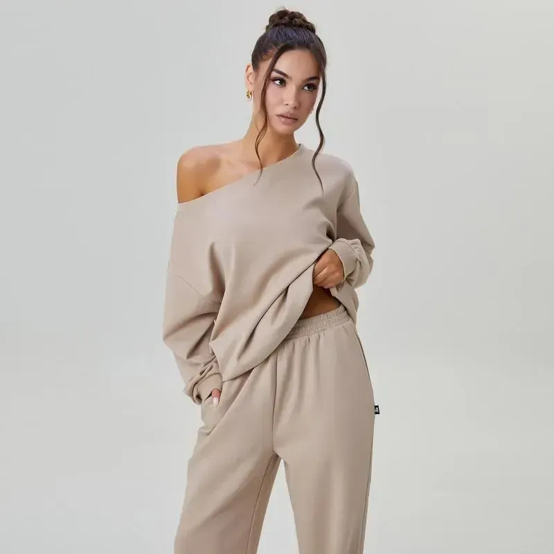Sloping Shoulder Top & Wide Leg Pants Set