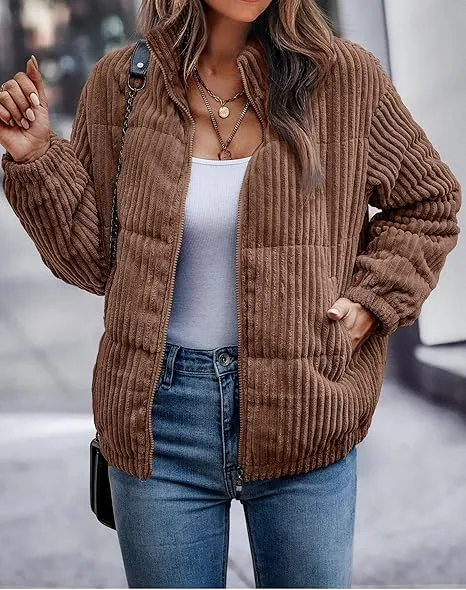 Women's Bomber Jacket Corduroy Ribbed Quilted Zip Up Long Sleeve Winter Coat Fall Outerwear Tops with Pockets ,PACKAGE SET